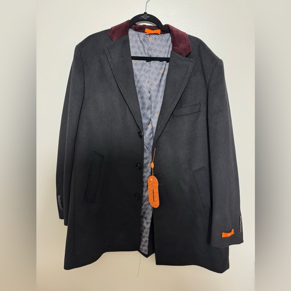 Men’s Tallia Overcoat - Velutti Black with maroon collar NWT